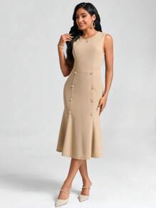 SHEIN Clasi Button Detail Mermaid Hem Dress - Khaki - View 4