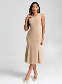 SHEIN Clasi Button Detail Mermaid Hem Dress - Khaki - View 5