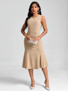 SHEIN Clasi Button Detail Mermaid Hem Dress - Khaki - View 6