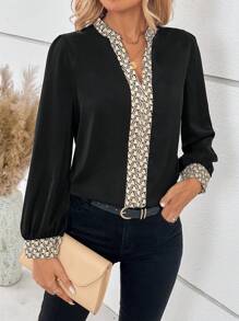 SHEIN Clasi Graphic Print Notched Neckline Lantern Sleeve Blouse - Black - View 1