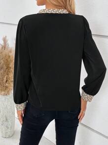 SHEIN Clasi Graphic Print Notched Neckline Lantern Sleeve Blouse - Black - View 2