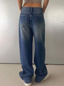 DAZY 斜插口袋寬腿牛仔褲 - 深色水洗藍 - 查看 2