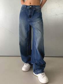 DAZY 斜插口袋寬腿牛仔褲 - 深色水洗藍 - 查看 4