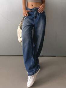 DAZY 斜插口袋寬腿牛仔褲 - 深色水洗藍 - 查看 6