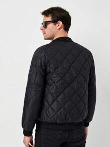 RueChic Men Zip Up Bomber Quilted Coat - Black - View 2