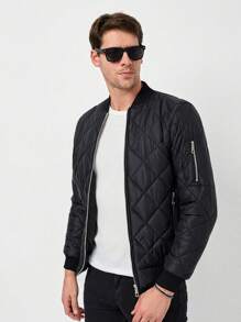 RueChic Men Zip Up Bomber Quilted Coat - Black - View 3