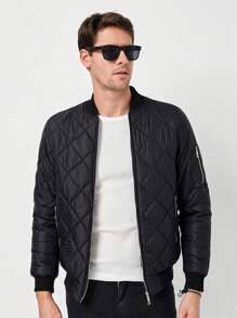 RueChic Men Zip Up Bomber Quilted Coat - Black - View 4