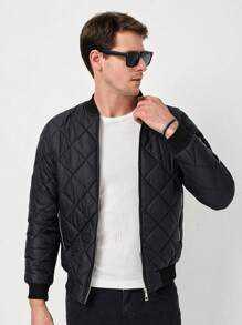 RueChic Men Zip Up Bomber Quilted Coat - Black - View 5