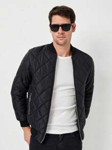 RueChic Men Zip Up Bomber Quilted Coat - Black - View 6