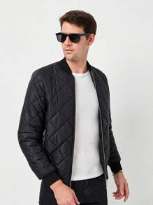 RueChic Men Zip Up Bomber Quilted Coat - Black - View 7