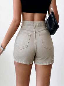 EURMUSE 100%Cotton Solid High Waist Casual Wrap Denim Skorts - Beige - View 2