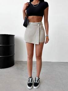 EURMUSE 100%Cotton Solid High Waist Casual Wrap Denim Skorts - Beige - View 5