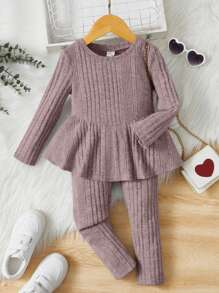 SHEIN Chica Joven Leggings con camiseta bajo con fruncido - Púrpura polvoriento - Ver 1