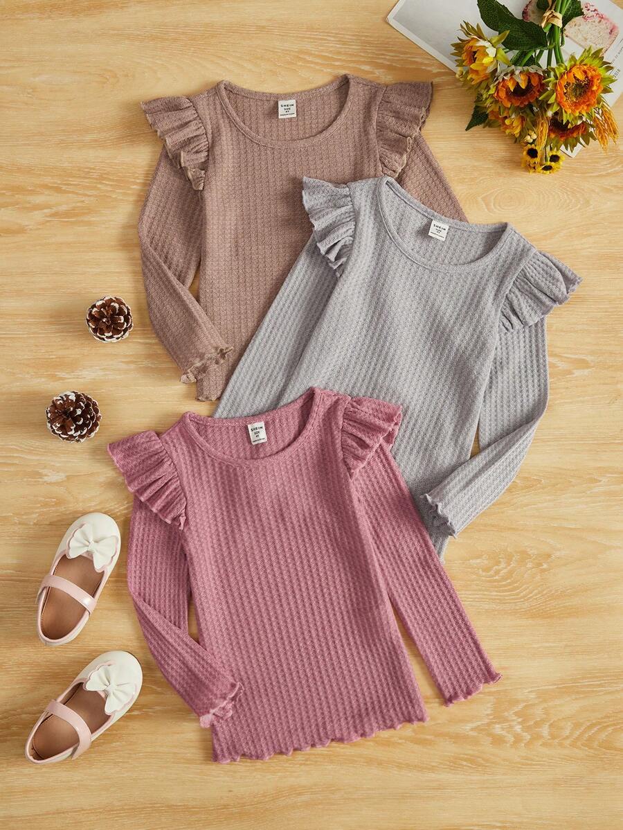 SHEIN Young Girl Pack Of 3 Solid Color Round Neck Long Sleeve Ruffle Hem T-Shirts , Suitable For Autumn & Winter - Multicolor - View 1