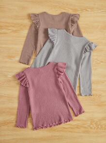 SHEIN Young Girl Pack Of 3 Solid Color Round Neck Long Sleeve Ruffle Hem T-Shirts , Suitable For Autumn & Winter - Multicolor - View 2