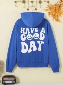 SHEIN Áo nỉ tay trễ vai in hình hoạt hình và khẩu hiệu dành cho nữ tuổi teen - Màu xanh lam - Xem 1