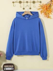 SHEIN Áo nỉ tay trễ vai in hình hoạt hình và khẩu hiệu dành cho nữ tuổi teen - Màu xanh lam - Xem 2