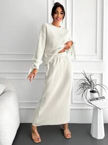 EURMUSE Drop Shoulder Knot Cuff Sweater & Knit Skirt - White - View 2