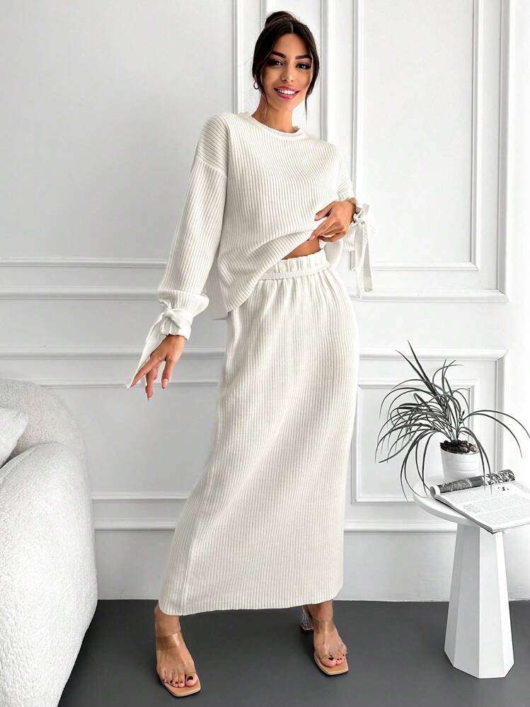 EURMUSE Drop Shoulder Knot Cuff Sweater & Knit Skirt - White - View 2