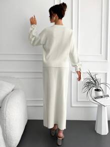 EURMUSE Drop Shoulder Knot Cuff Sweater & Knit Skirt - White - View 3