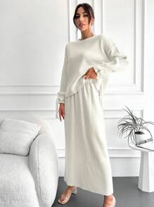 EURMUSE Drop Shoulder Knot Cuff Sweater & Knit Skirt - White - View 4