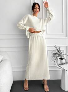 EURMUSE Drop Shoulder Knot Cuff Sweater & Knit Skirt - White - View 1