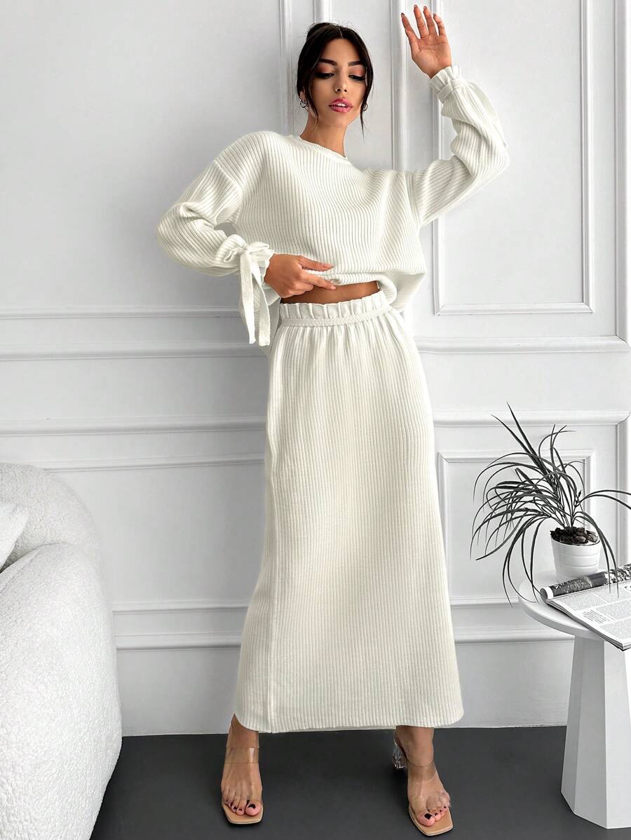 EURMUSE Drop Shoulder Knot Cuff Sweater & Knit Skirt - White - View 1