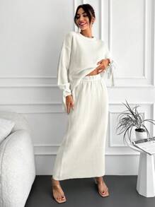 EURMUSE Drop Shoulder Knot Cuff Sweater & Knit Skirt - White - View 5