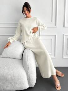 EURMUSE Drop Shoulder Knot Cuff Sweater & Knit Skirt - White - View 6
