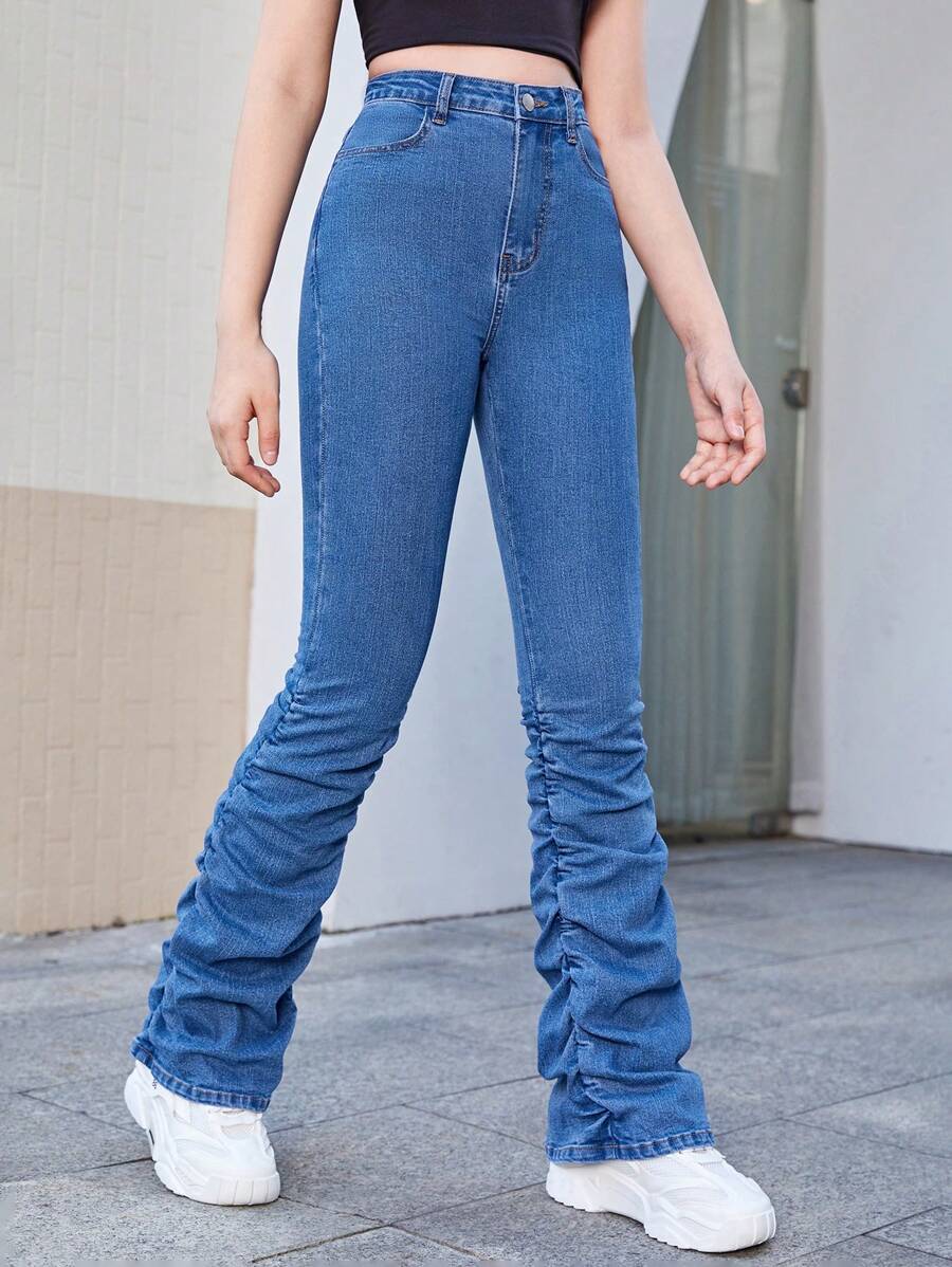 Teen Girl Slant Pocket Stacked Jeans - Medium Wash - View 1