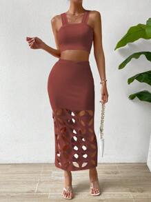 Zolique 素色吊帶短上衣&鏤空半身裙 - 紅木色 - 查看 1