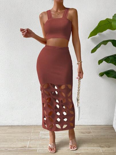 Zolique 素色吊帶短上衣&鏤空半身裙