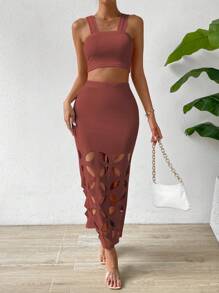 Zolique 素色吊帶短上衣&鏤空半身裙 - 紅木色 - 查看 3