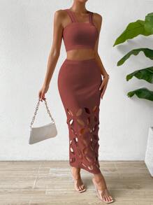 Zolique 素色吊帶短上衣&鏤空半身裙 - 紅木色 - 查看 4