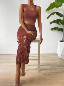 Zolique 素色吊帶短上衣&鏤空半身裙 - 紅木色 - 查看 5