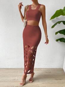 Zolique 素色吊帶短上衣&鏤空半身裙 - 紅木色 - 查看 6