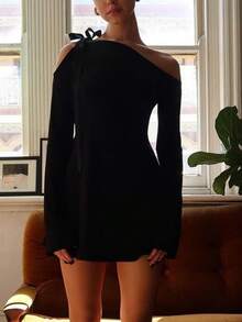 Solid Asymmetrical Neck Knot Shoulder Dress