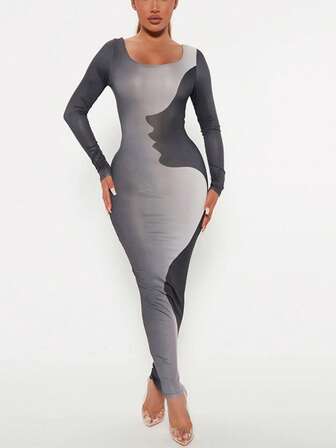 撞色大圓領緊身洋裝