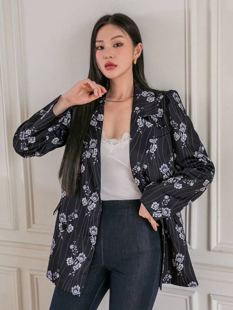 Floral Print Lapel Neck Blazer,Fall Clothes Business Attire