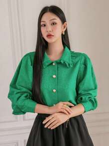 DAZY Jacquard Button Front Lantern Sleeve Shirt Long Sleeve Top