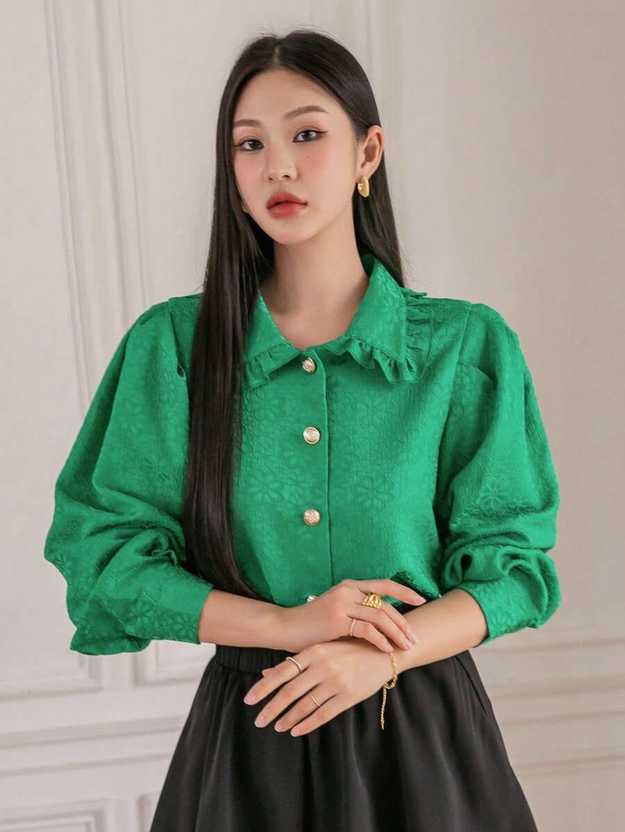 DAZY Jacquard Button Front Lantern Sleeve Shirt Long Sleeve Top