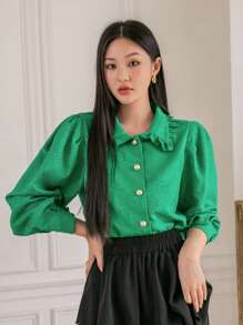 DAZY Jacquard Button Front Lantern Sleeve Shirt Long Sleeve Top