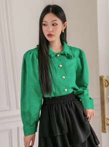 DAZY Jacquard Button Front Lantern Sleeve Shirt Long Sleeve Top