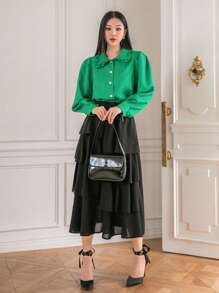 DAZY Jacquard Button Front Lantern Sleeve Shirt Long Sleeve Top