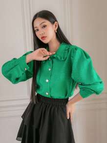 DAZY Jacquard Button Front Lantern Sleeve Shirt Long Sleeve Top