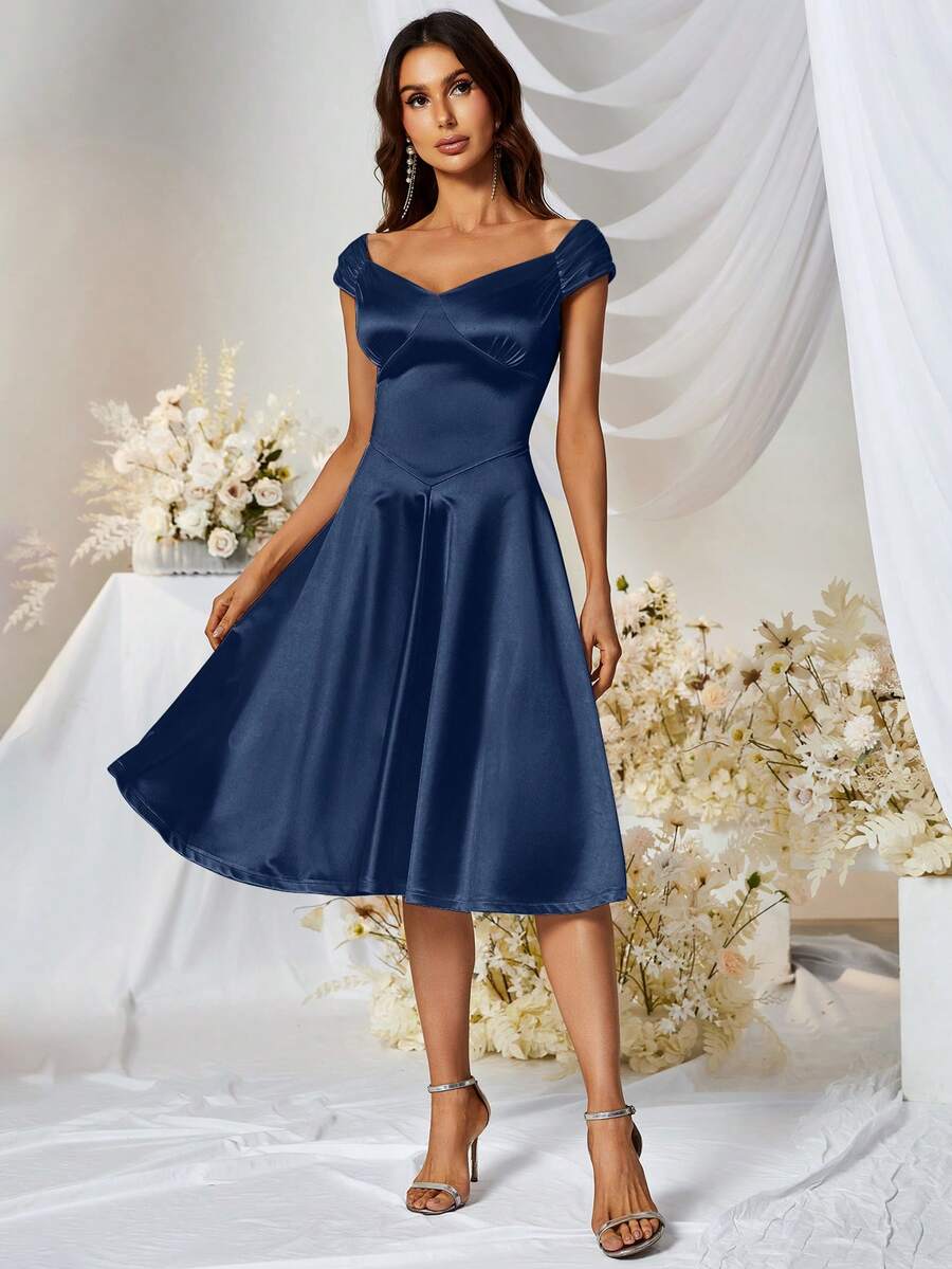 MUXXN Sweetheart Neck Satin Dress, Semi Formal Dress - Navy Blue - View 1