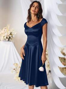 MUXXN Sweetheart Neck Satin Dress, Semi Formal Dress - Navy Blue - View 5