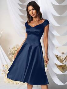 MUXXN Sweetheart Neck Satin Dress, Semi Formal Dress - Navy Blue - View 6