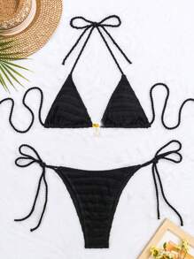 Bộ bikini buộc dây tam giác Halter - màu đen - Xem 1