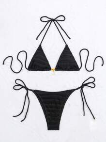 Bộ bikini buộc dây tam giác Halter - màu đen - Xem 3
